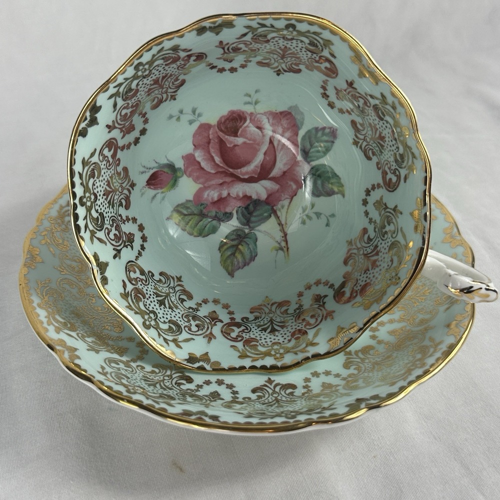Paragon Teacup Saucer A2295 Pink Cabbage Rose Turquoise Heavy Gold Filigree 1940